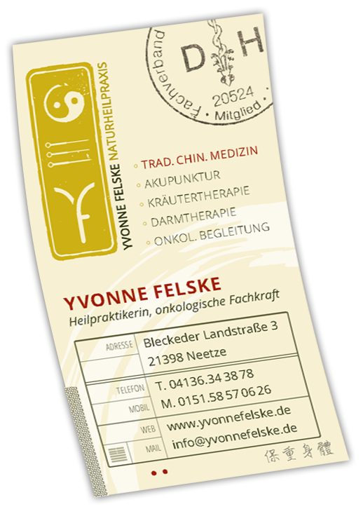Yvonne Felskes Visitenkarte, mit der Praxisadresse: Bleckeder Landstraße 3, 21398 Neetze